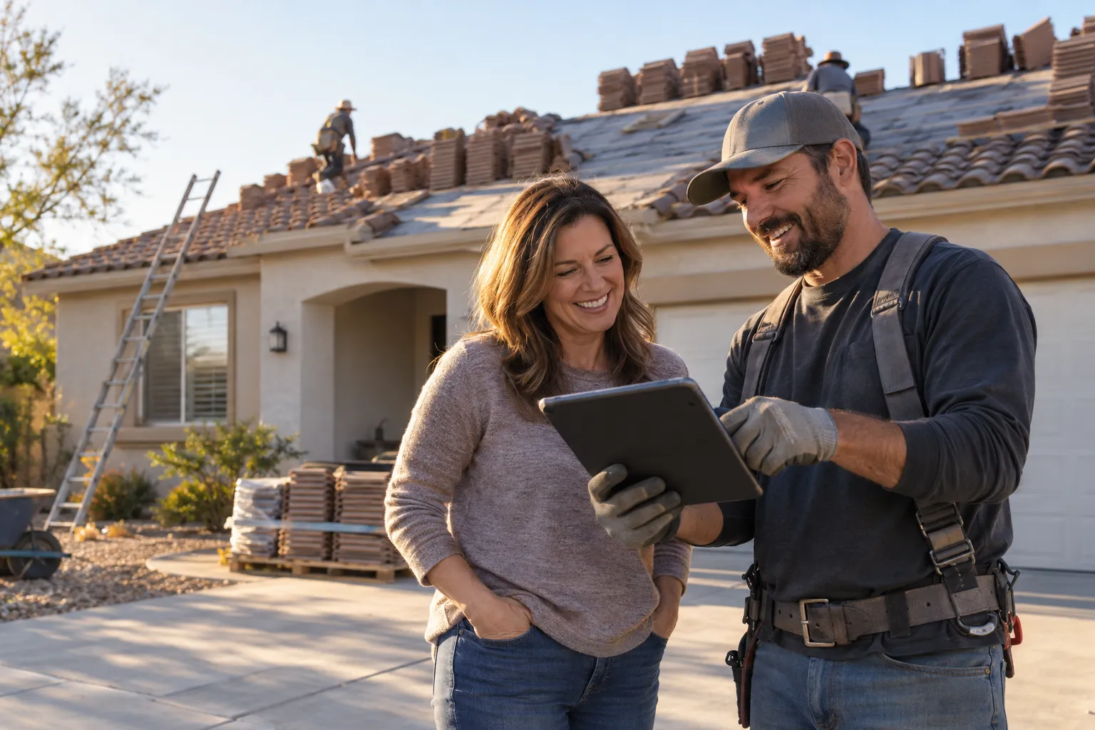 Homeowner and roofing provider reviewing a roof replacement plan in front of a stucco ranch home in Loomis
